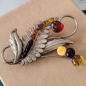 Vintage C Clasp Multicolor Copal Amber Silver Non-Magnetic Brooch
